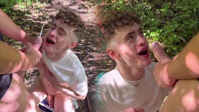 Tombakerx & Britboysxxx get their little twink boys to suck on a big juicy veiny cock in the woods